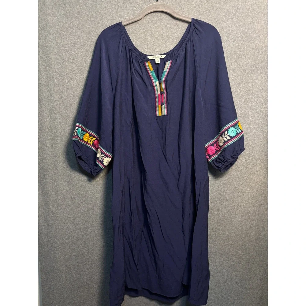 The Pioneer Woman Embroidered Boho Peasant Dress XL Navy Floral Folk Cottagecore